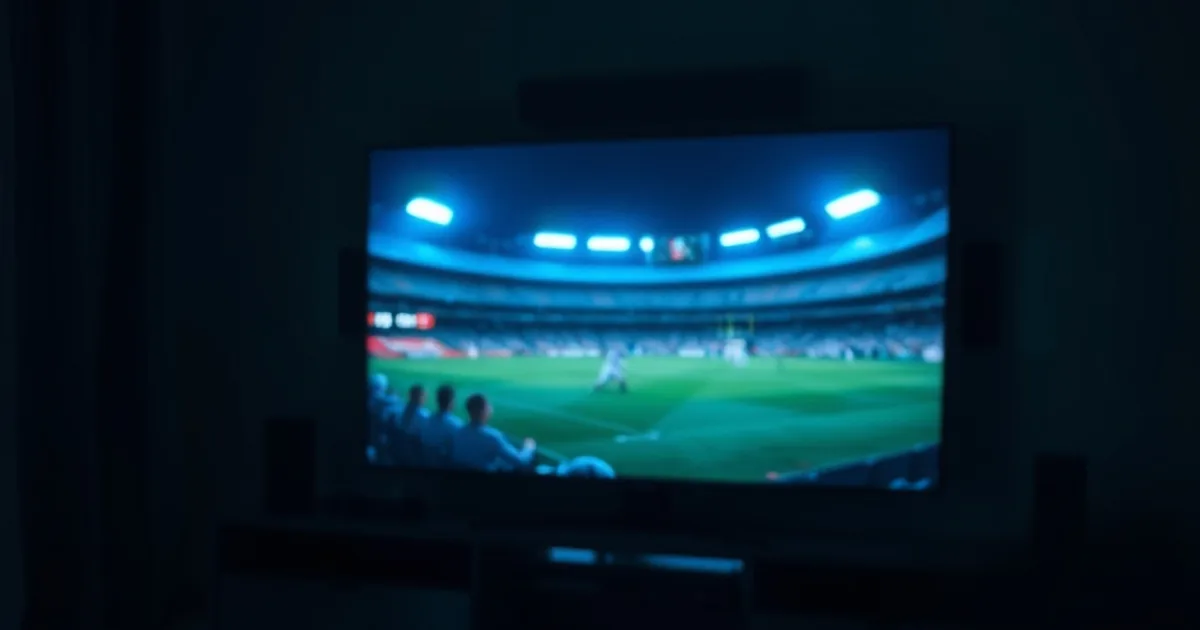 A dark home theater at night with a large 4K television displaying a vivid, sharp broadcast, streaming device and ethernet cable visible on the console below