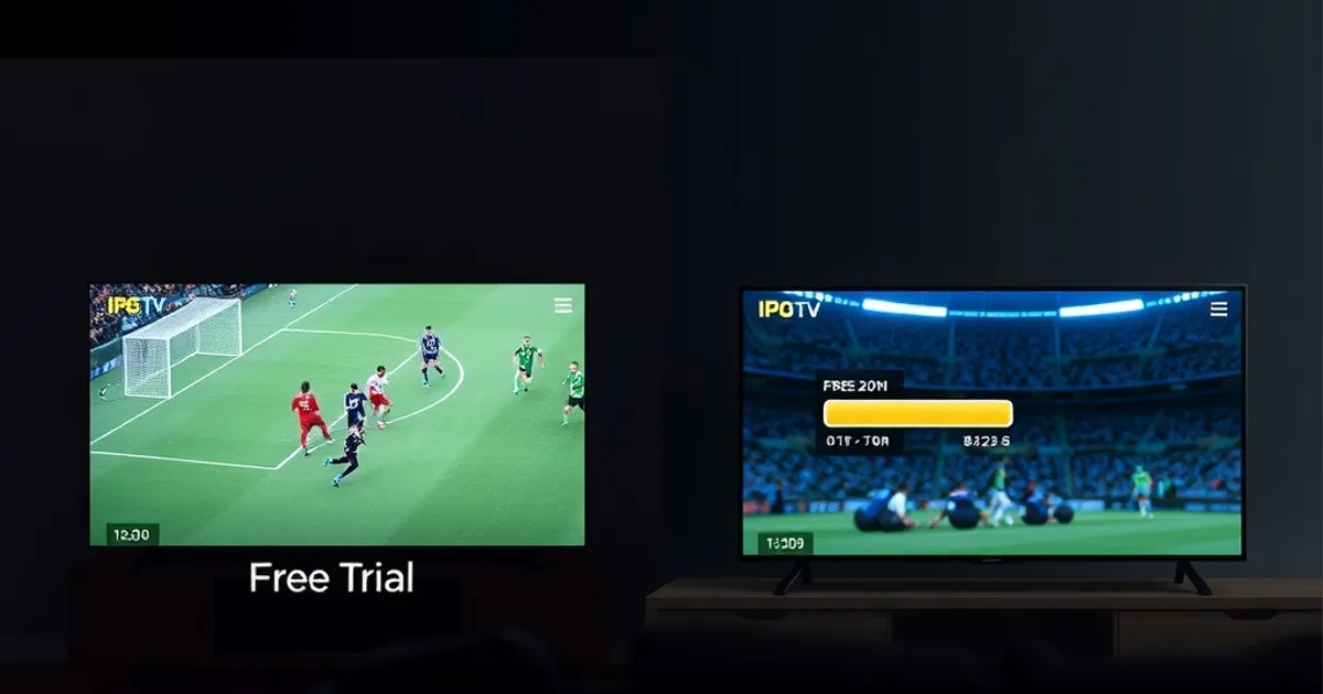Split-screen comparison in a dim living room at night: on the left a smart TV plays a smooth, buffer-free live football match under a small "Free Trial" label, on the right the identical TV and sofa mid-match frozen behind a spinning buffer icon under a "After Payment" label, illustrating the gap between an IPTV trial demo and a real paid subscription.