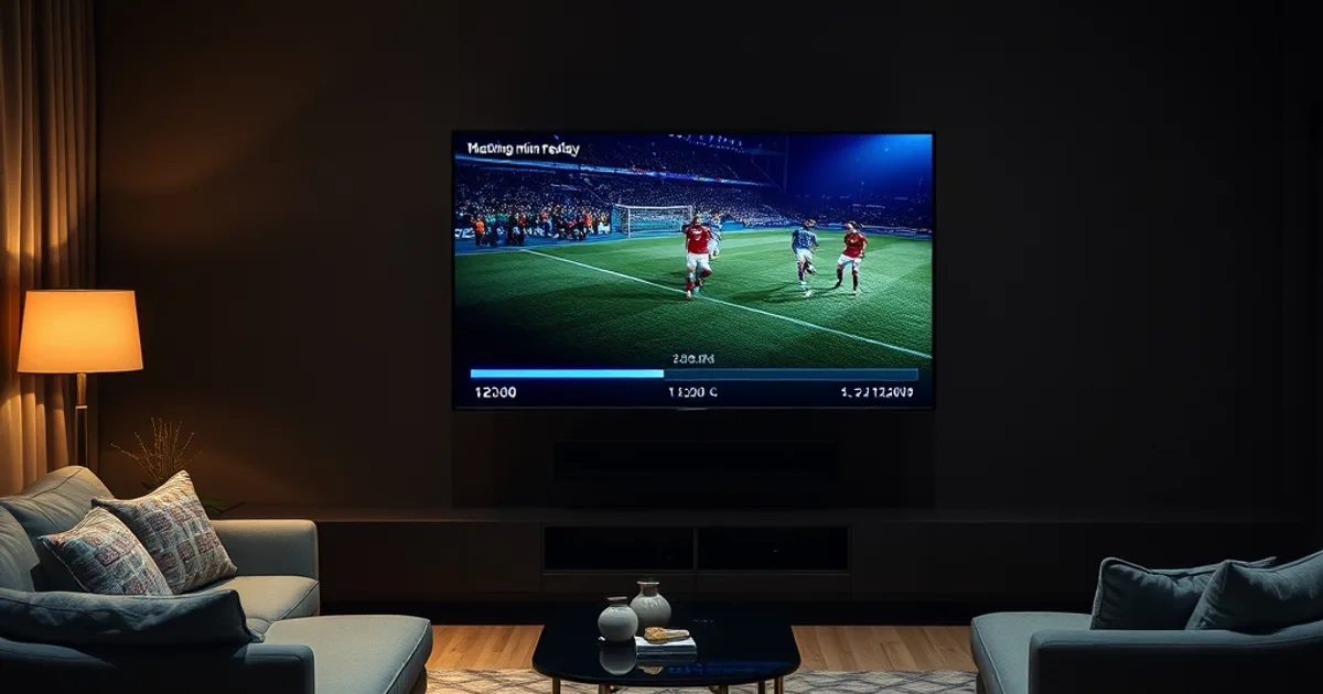 A dim living room at night, a large wall-mounted TV paused mid-replay showing a football match with an on-screen progress bar and a timestamp reading '6 days ago', soft blue glow lighting a coffee table with a remote control and a phone, cozy and focused mood, shallow depth of field on the screen's replay interface.
