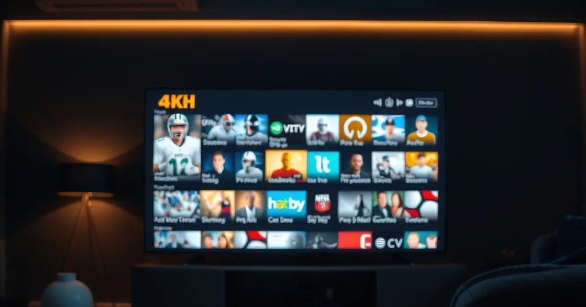 Dark living room at night with a wall-mounted 4K TV displaying a grid of live channel thumbnails, streaming box and remote in the foreground