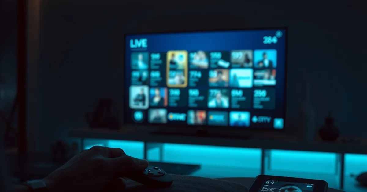 Dark living room lit by a TV showing a live channel guide, with a remote control and a phone nearby, representing multiple IPTV player apps in use