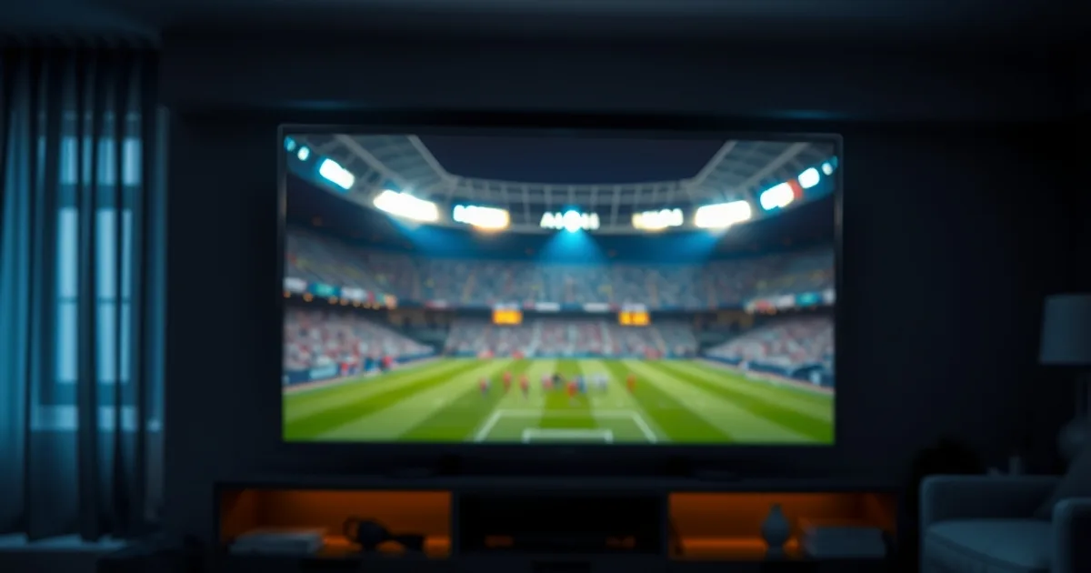 A dark living room at night with a large 4K TV glowing with stadium floodlight colors, a streaming remote on the table in the foreground