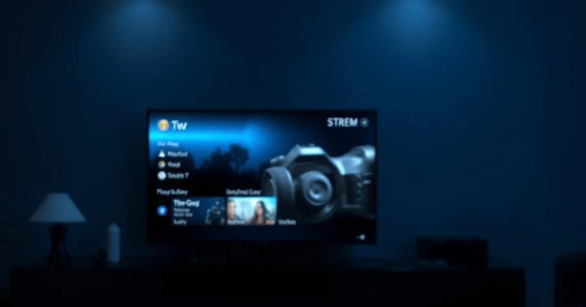 A modern living room where a glowing streaming TV screen is the only light, with an unused cable box sitting dark on a nearby shelf