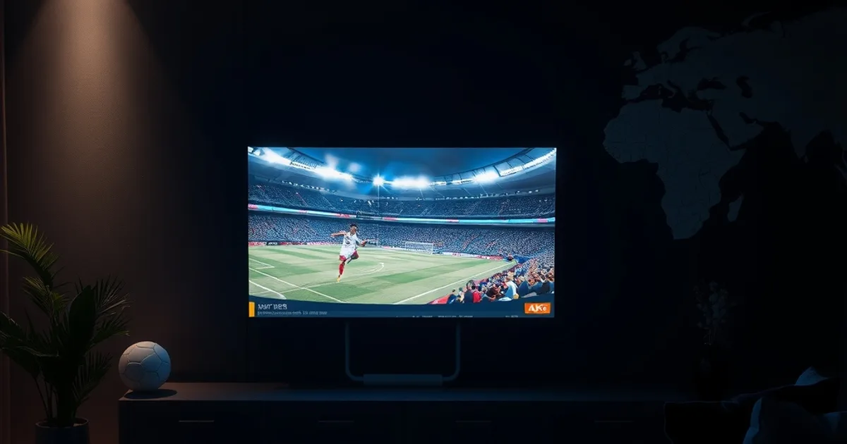 A dark living room at night with a wall-mounted television glowing with live broadcast light, faint glowing data-route arcs converging toward the screen from a dim world map on the wall