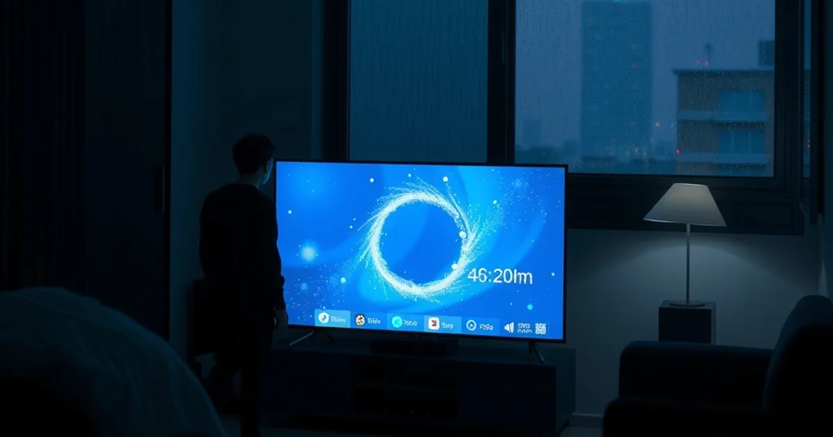 Silhouette of a person watching a blocked TV screen glow faintly in a dark apartment at night, with a rain-streaked window and a foreign city skyline in the background