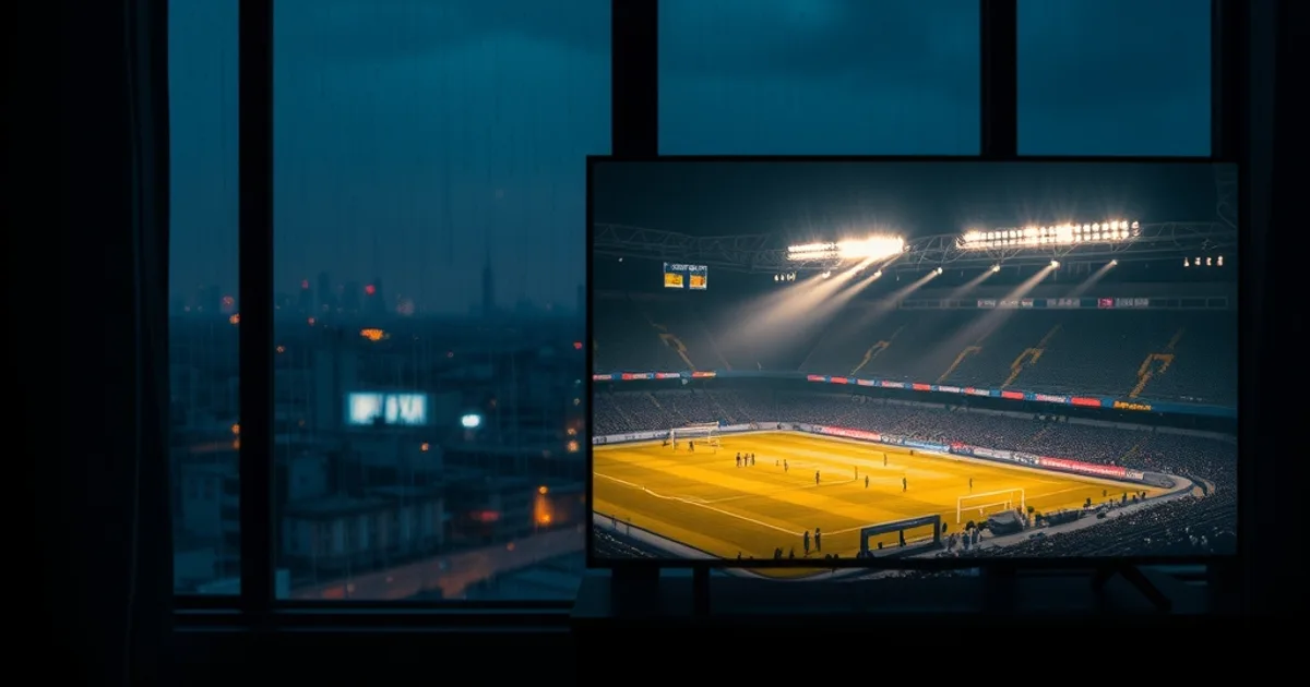 A dark living room at night abroad, a football match glowing on the television with a foreign city skyline visible through the window