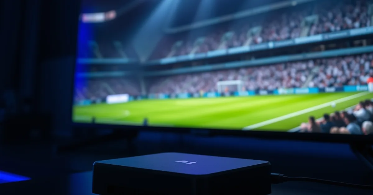 A dark home theater setup with an Android TV box beneath a television showing a football match, moody ambient lighting