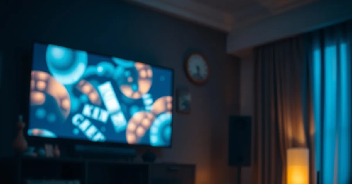Dark cinematic living room at night with four glowing screens streaming simultaneously — a wall TV, tablet, phone, and a streaming device near a router