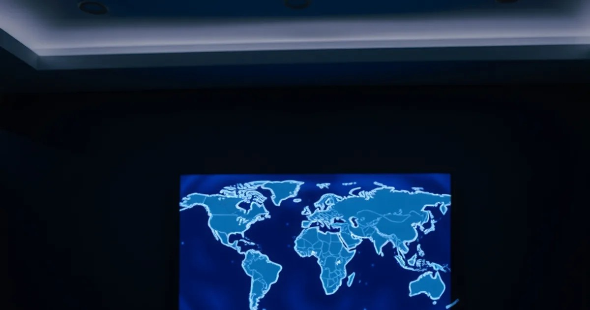 A dark room lit by a wall-mounted TV showing a football match, with a world map on the wall connecting London, New York, Dubai and Toronto by glowing lines.