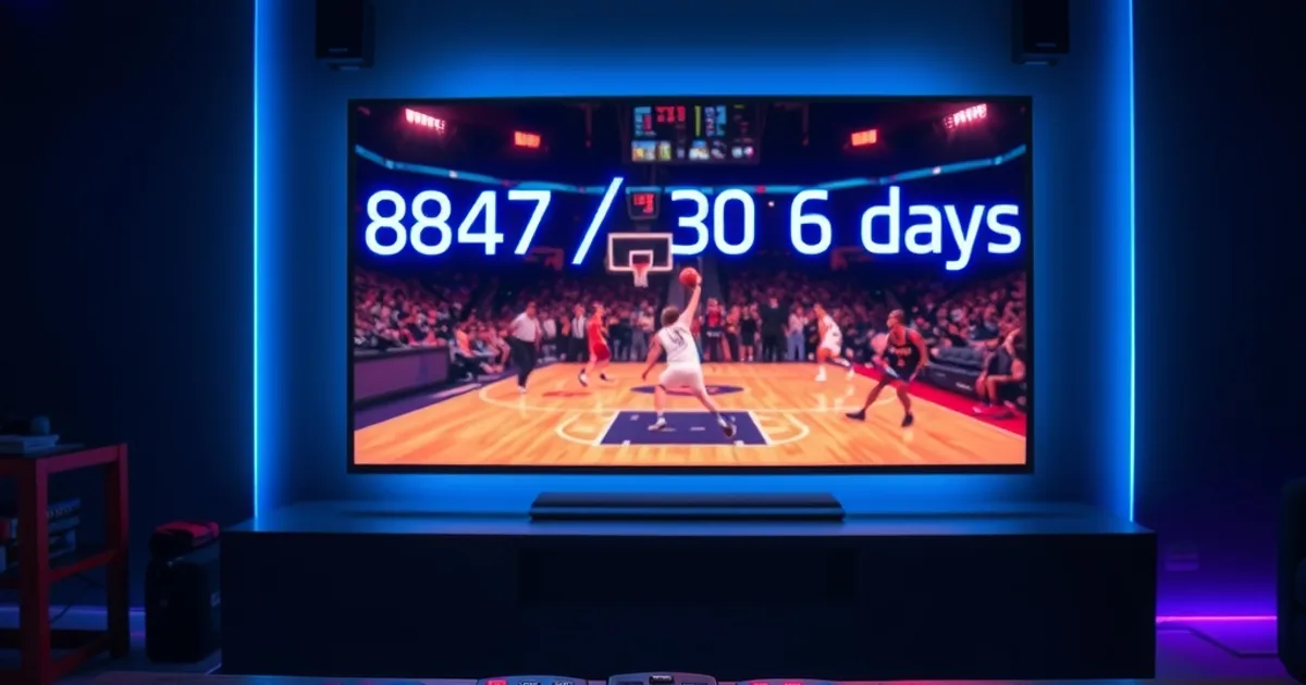 A dark home theater with a wall-mounted TV frozen mid-frame on a live basketball broadcast, a translucent analytics overlay reading "847 hours / 30 days / 6 providers" in glowing blue text across the screen, six remote controls fanned out on a coffee table in the foreground, cool blue and red accent lighting
