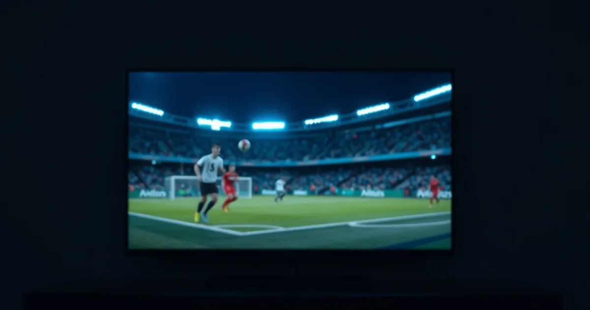A dark living room at night with a glowing 4K television showing a football match, streaming devices and an Ethernet cable resting nearby on a console table