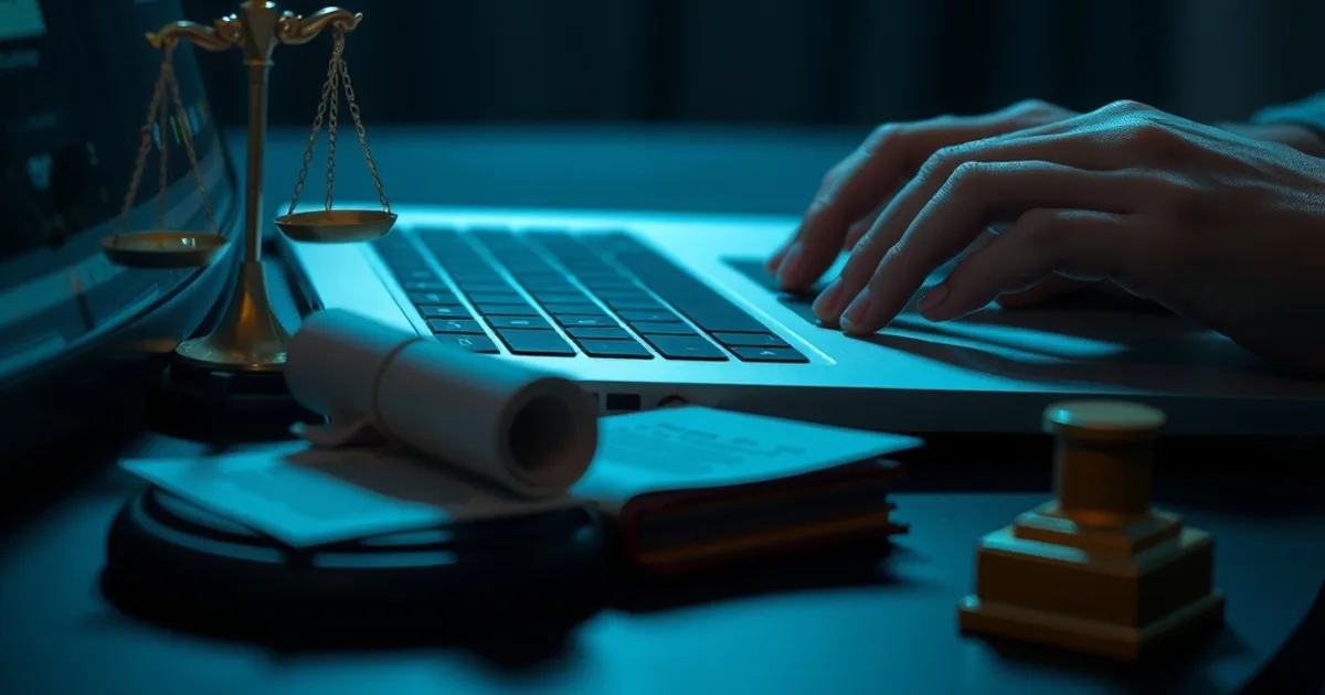 Hands typing on a laptop at night beside a small scale of justice and a legal document, the screen glowing with streaming icons.