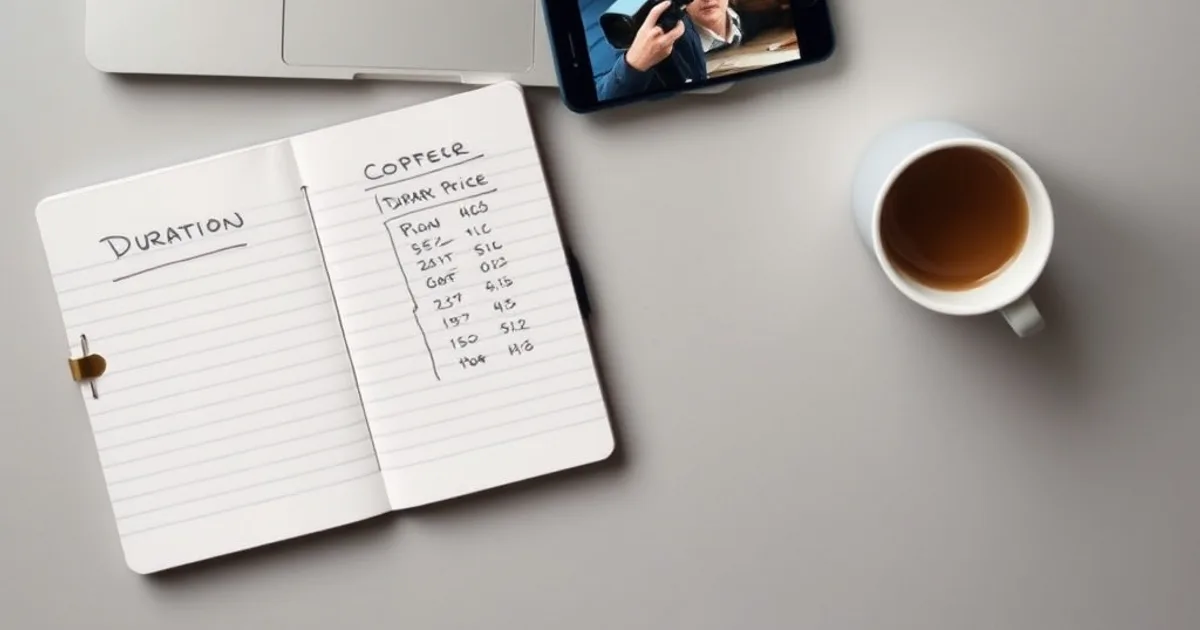 Overhead flat-lay of a laptop showing a pricing table with clean rows of numbers, next to a phone displaying a streaming app, a notepad with duration and price columns sketched out, and a coffee cup, evoking a careful side-by-side price comparison