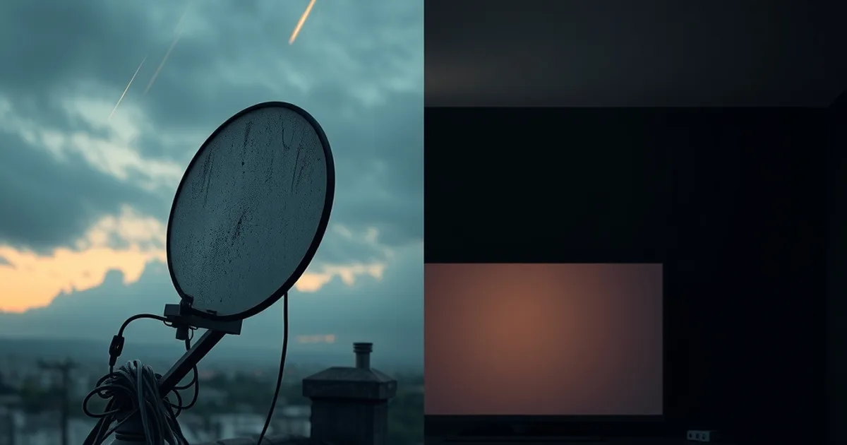 Split scene contrasting a rain-streaked satellite dish on a French rooftop at dusk with a modern dark living room streaming setup glowing warmly.