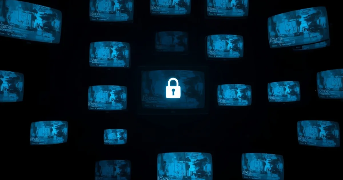 A dark wall of streaming screens going to static, with one screen still glowing steadily behind a padlock icon of light