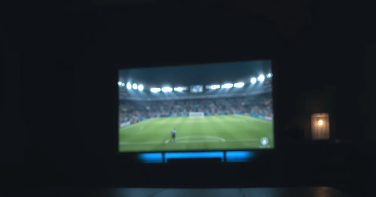 A dark living room lit only by a TV showing a live football match under stadium floodlights, a streaming remote on the table in the foreground