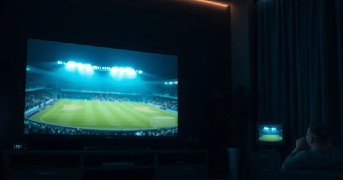 Dark living room at night with a TV glowing with stadium floodlight colors, a second screen visible in the background, illustrating a multi-screen home IPTV setup for watching football