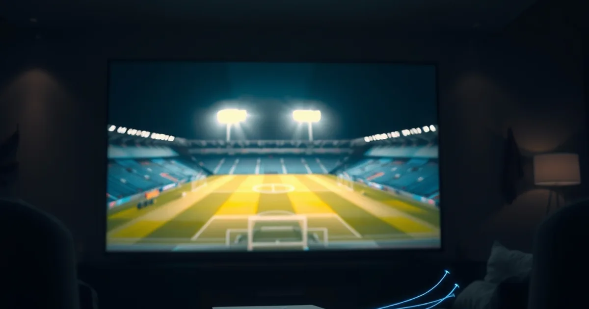 Dark living room at night with a TV glowing with football pitch lights and a streaming router sending faint signal trails across the room