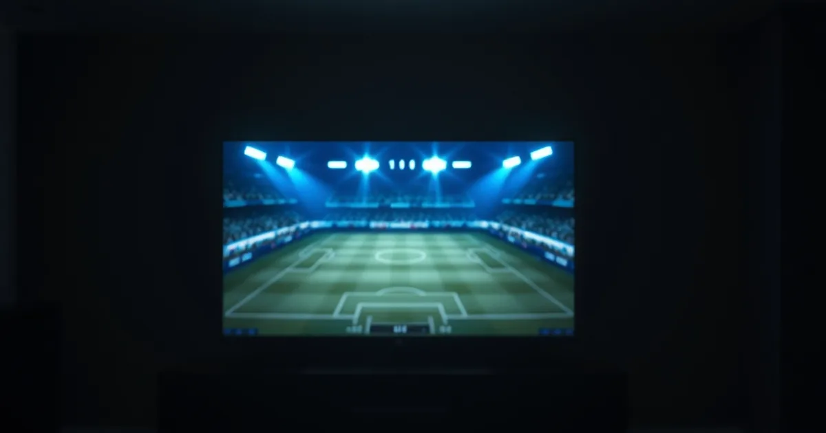 A dark living room lit by a television showing a live football match, with a phone displaying a streaming app on the table beside a football scarf