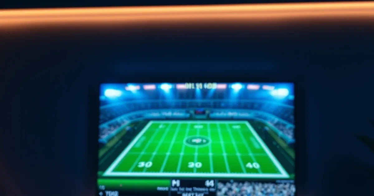 Dark living room at night lit by a TV showing an American football field, streaming devices in soft focus on the console below