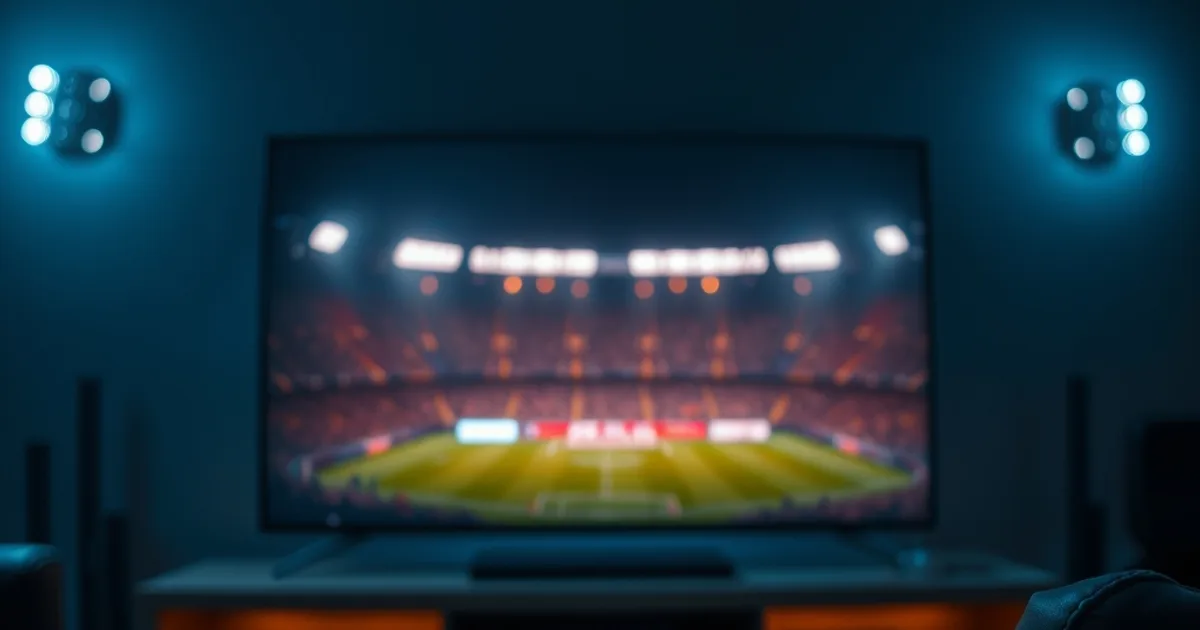 Dark living room at night with a TV glowing from a floodlit football stadium broadcast, a streaming box beneath it and a remote resting on the couch armrest in the foreground.