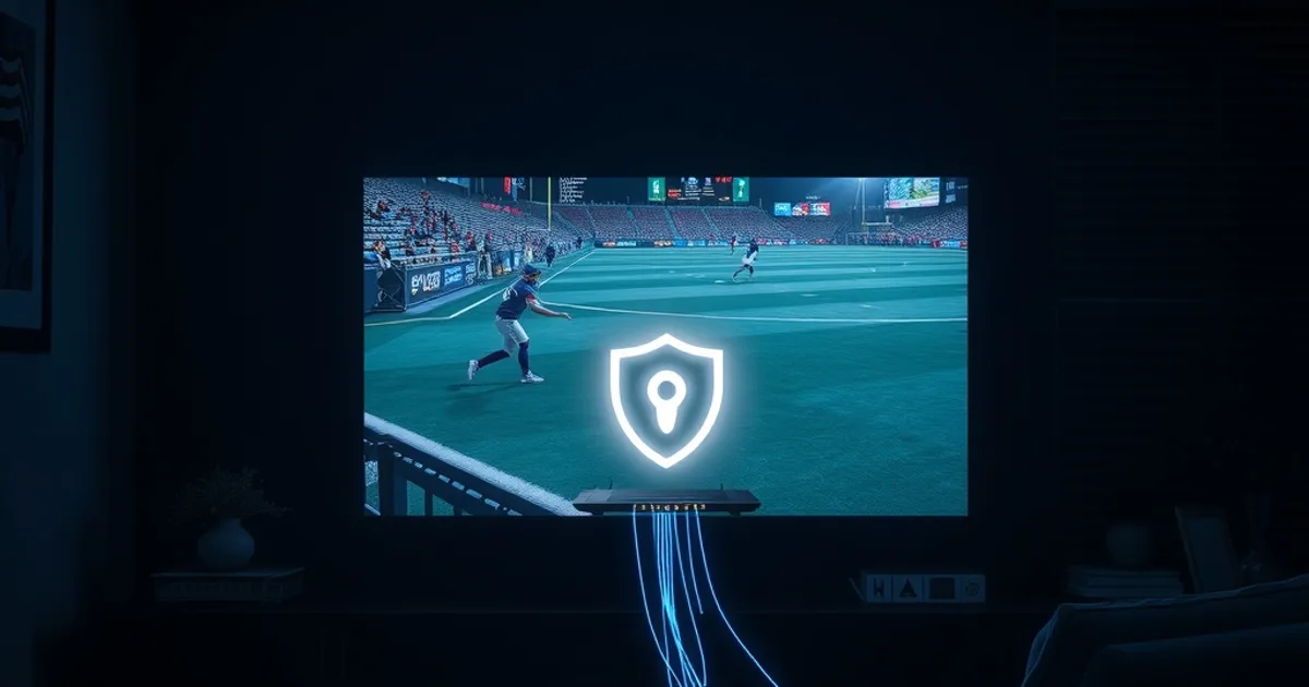 A dark living room at night where a TV shows a stalled sports stream while glowing light trails represent encrypted VPN data flowing from a router toward the screen