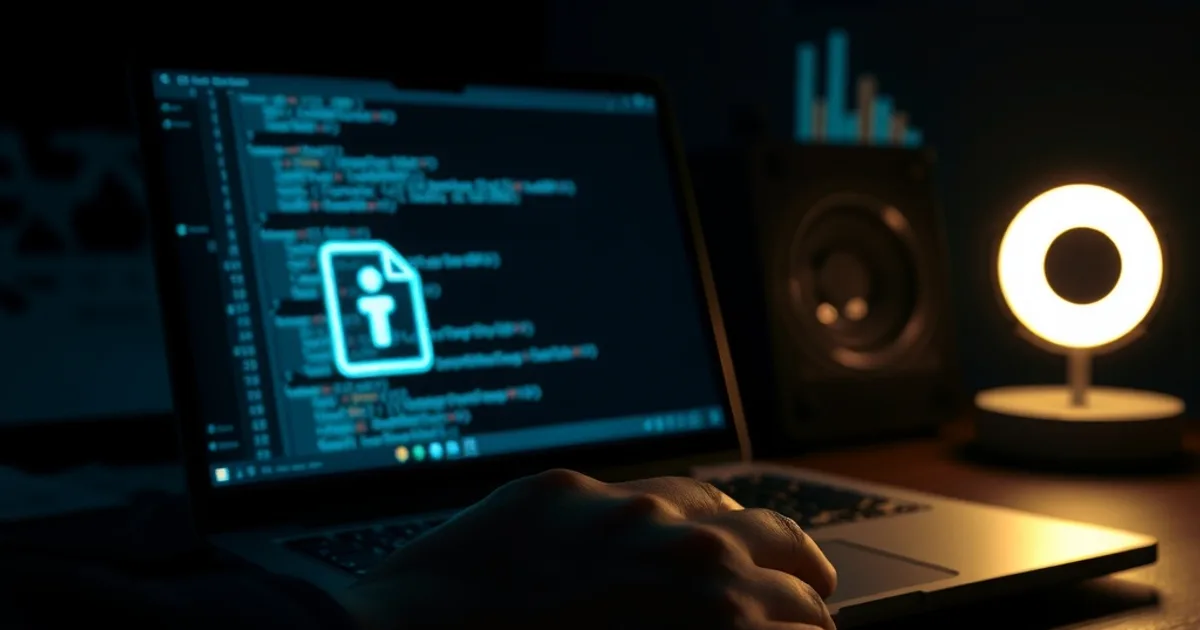 A person examining a glowing document verification interface on a laptop at night, symbolizing checking a company's official registration