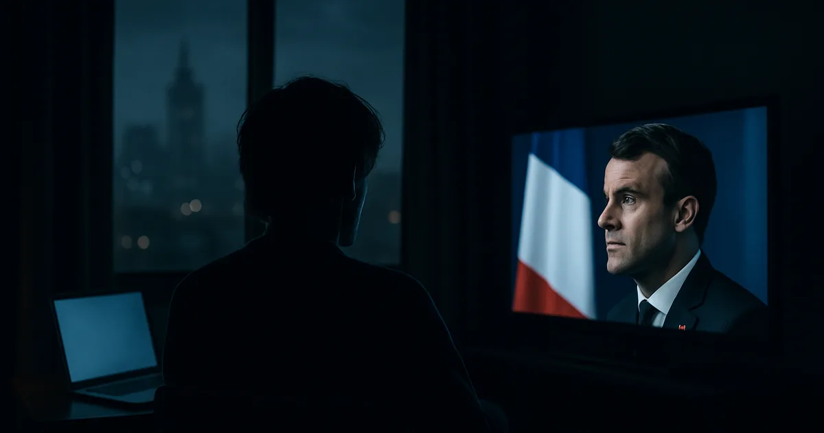 A person watching French television late at night in a dimly lit apartment abroad, a foreign city skyline glowing through the window behind them