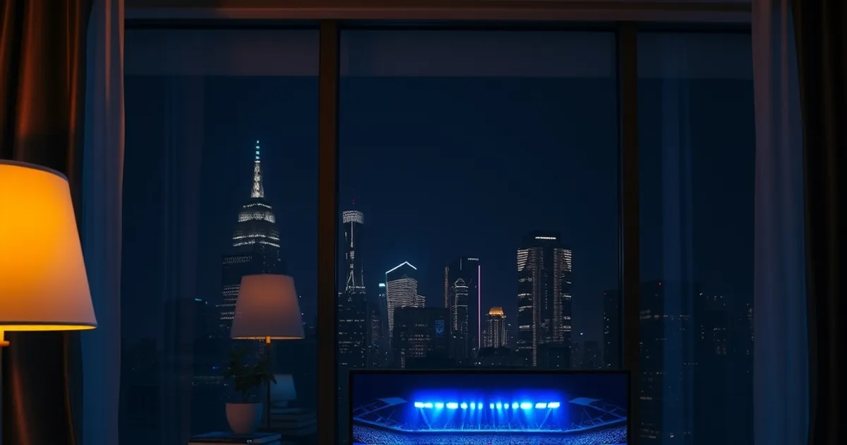A dark, softly lit living room at night with a television glowing with football broadcast light, an international city skyline visible through the window behind it