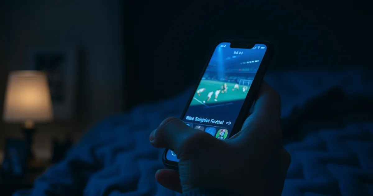 A smartphone streaming a live football match glows in the dark, held in bed at night
