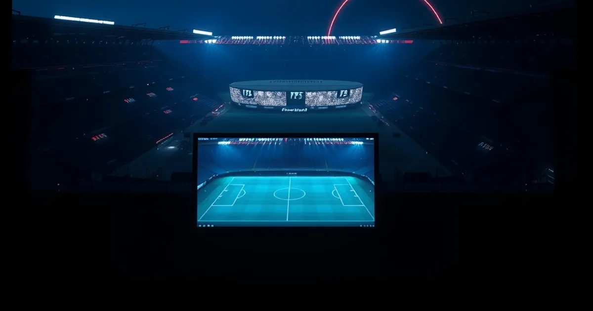 A floodlit French football stadium glowing on a television screen in a dark room, with faint light trails connecting it across a world map, symbolizing global access to Ligue 1 broadcasts.