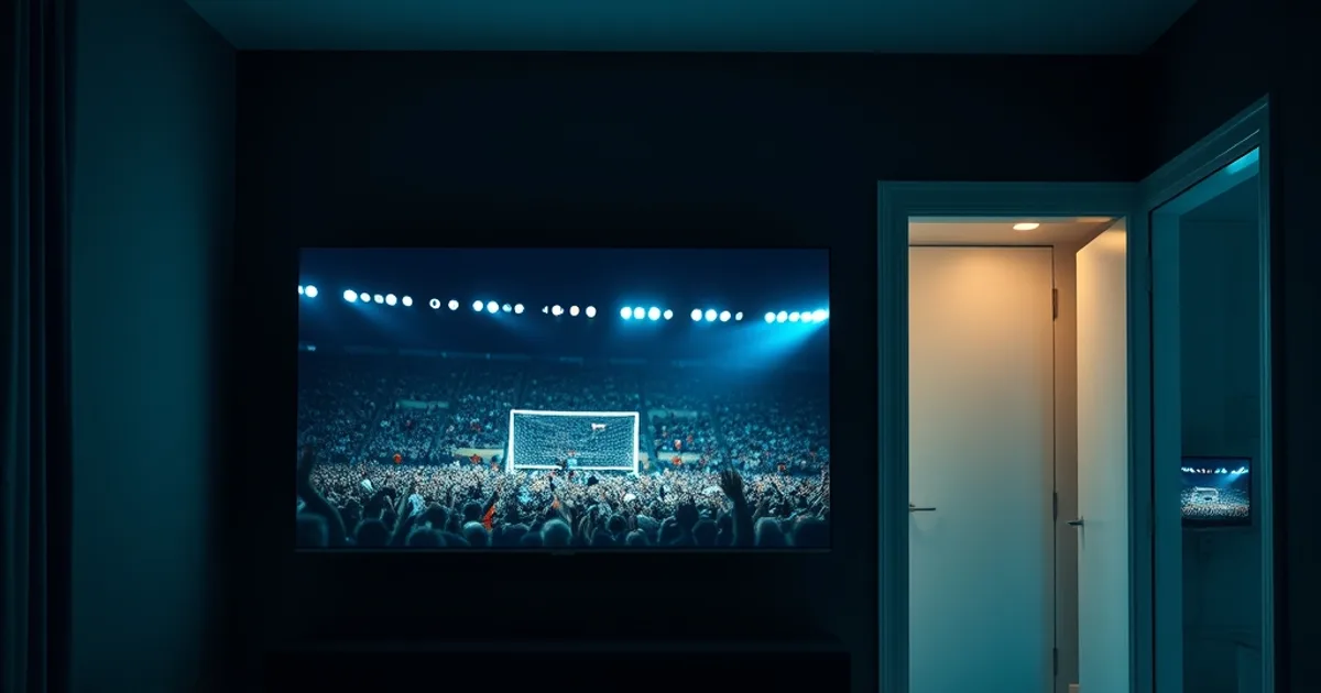 Dark living room lit by a wall-mounted TV showing a football match in progress, with a second screen glowing in a hallway behind it