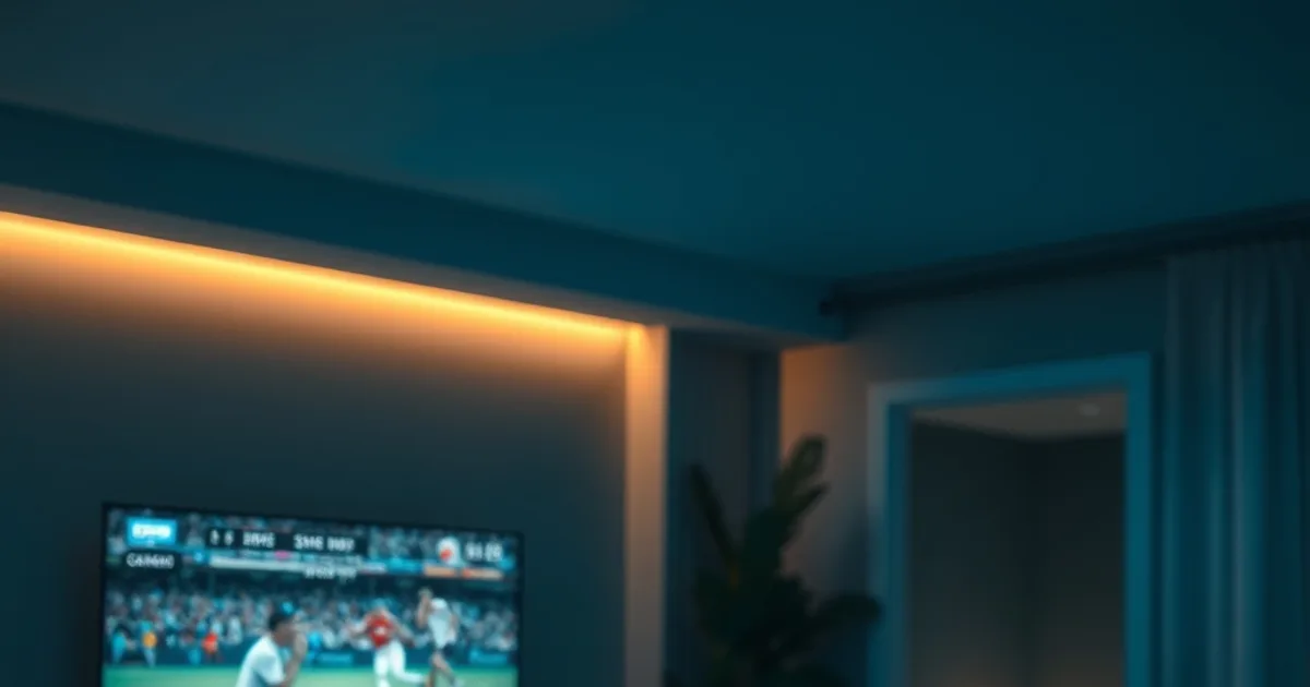A glowing mesh WiFi node in a dark living room with a TV streaming a live match in the background, illustrating whole-home WiFi 6 coverage for IPTV