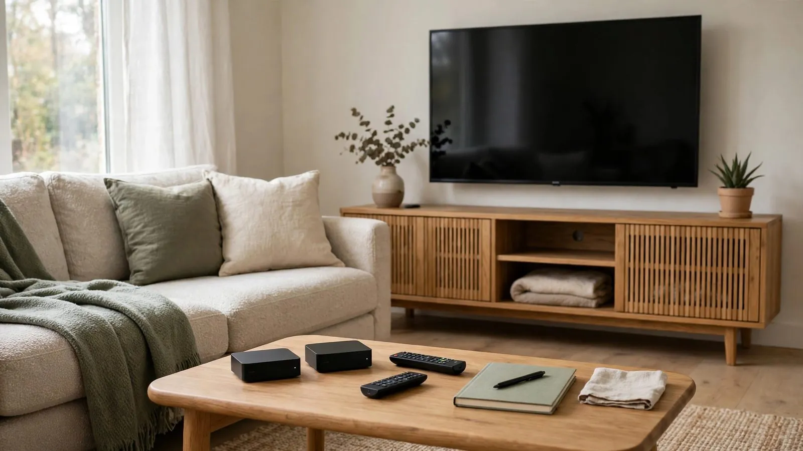 View of an uncluttered living room featuring a fabric sofa and an inactive television screen.